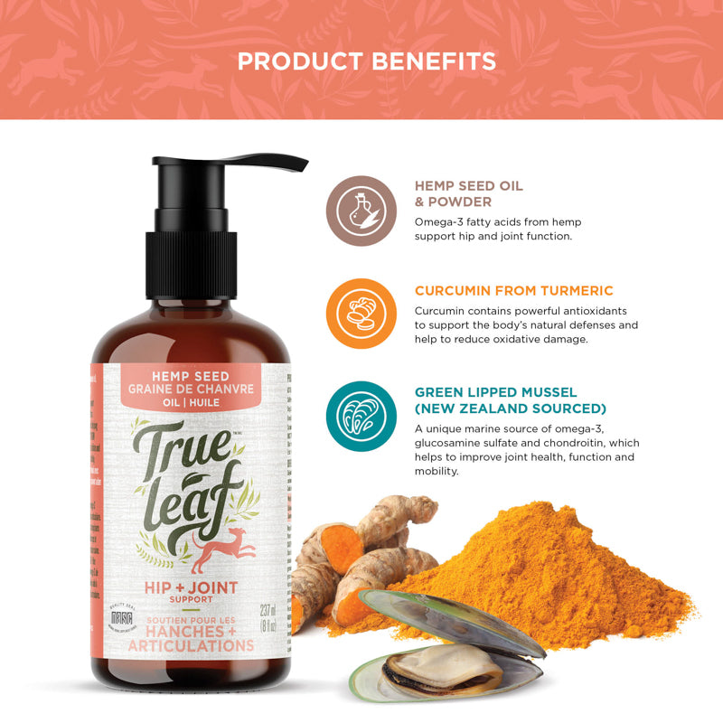 Hip and joint pet food topper ingredient facts for hemp seed oil and powder, curcumin (from turmeric), new zealand sourced green lipped mussel