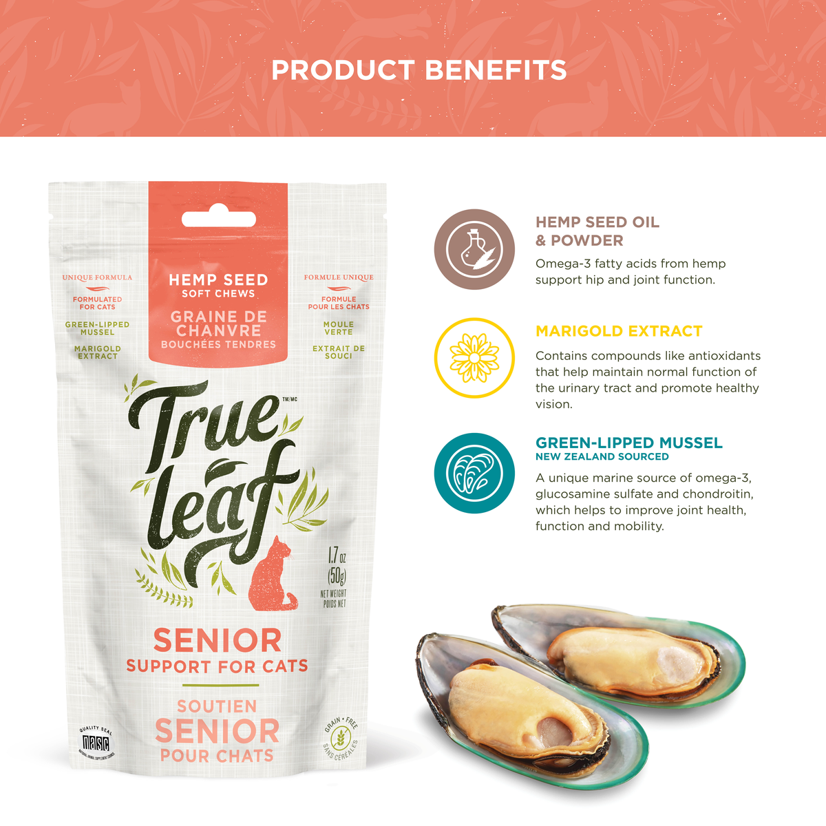 Senior Support chews for cats ingredient facts panel