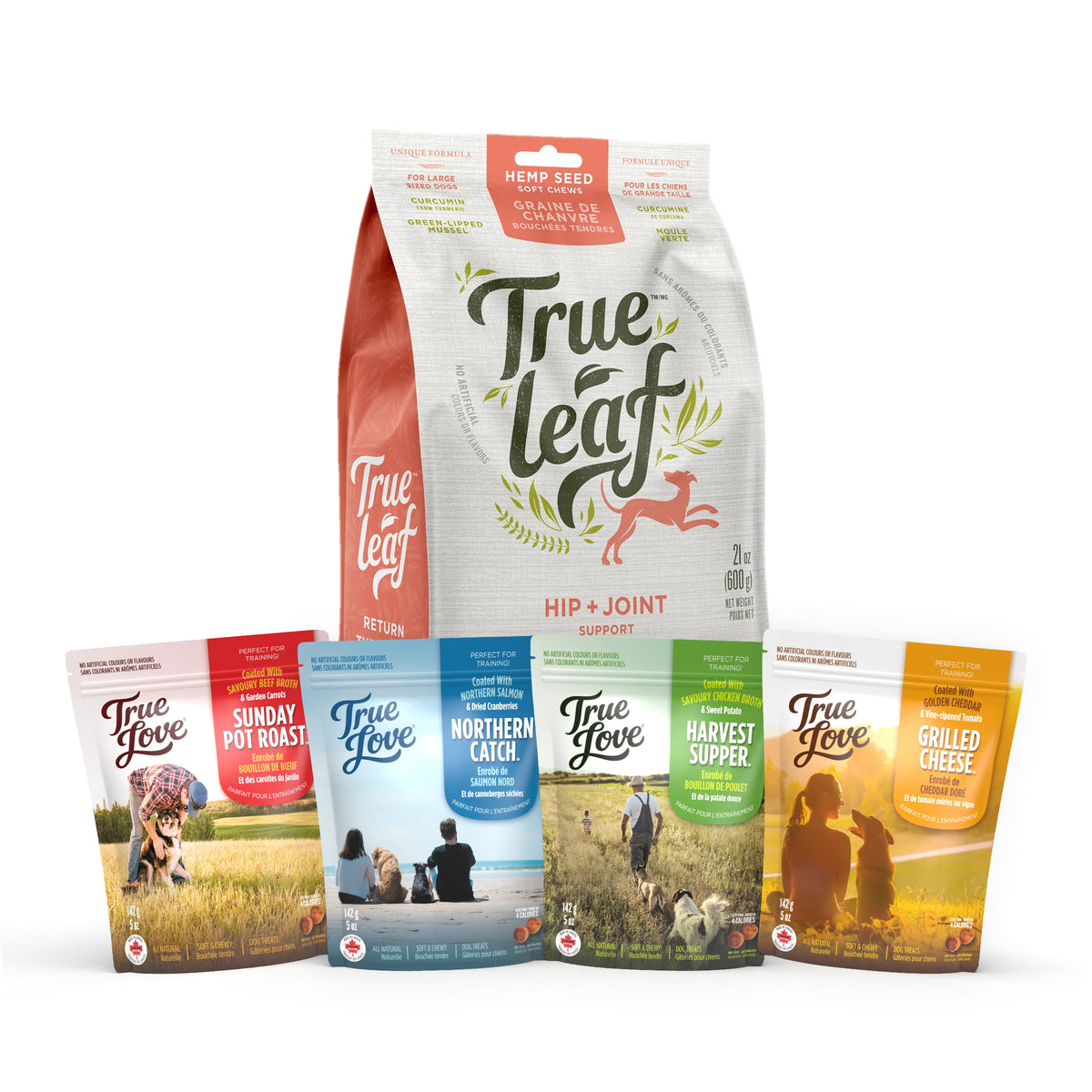 Trueleaf Move and Treat bundle: a 600 g Hip + Joint Support chews pouch behind four bags of True Love treats, Sunday Pot Roast, Northern Catch, Harvest Supper and Grilled Cheese.