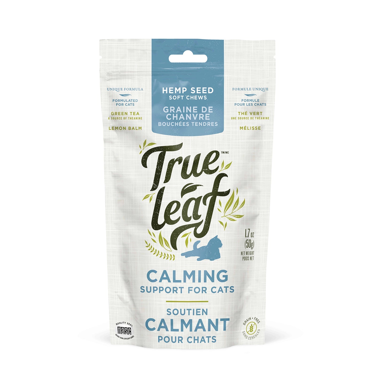 Trueleaf Calming Support chews for cats, 50 g pouch, front of pack.