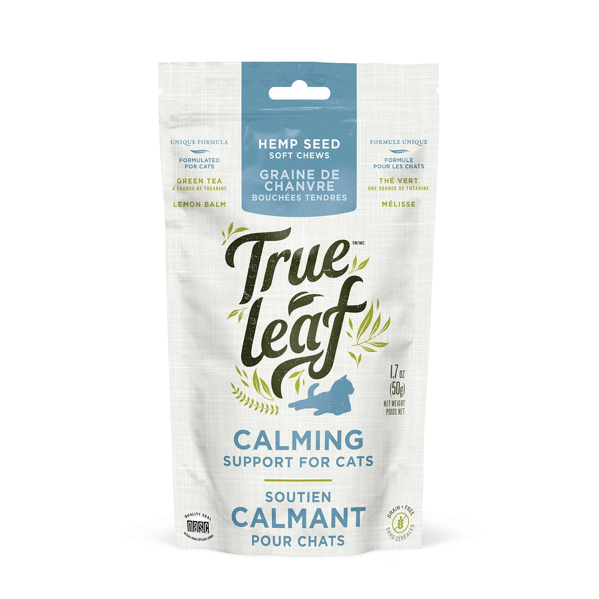 Trueleaf Calming Support chews for cats, 50 g pouch, front of pack.