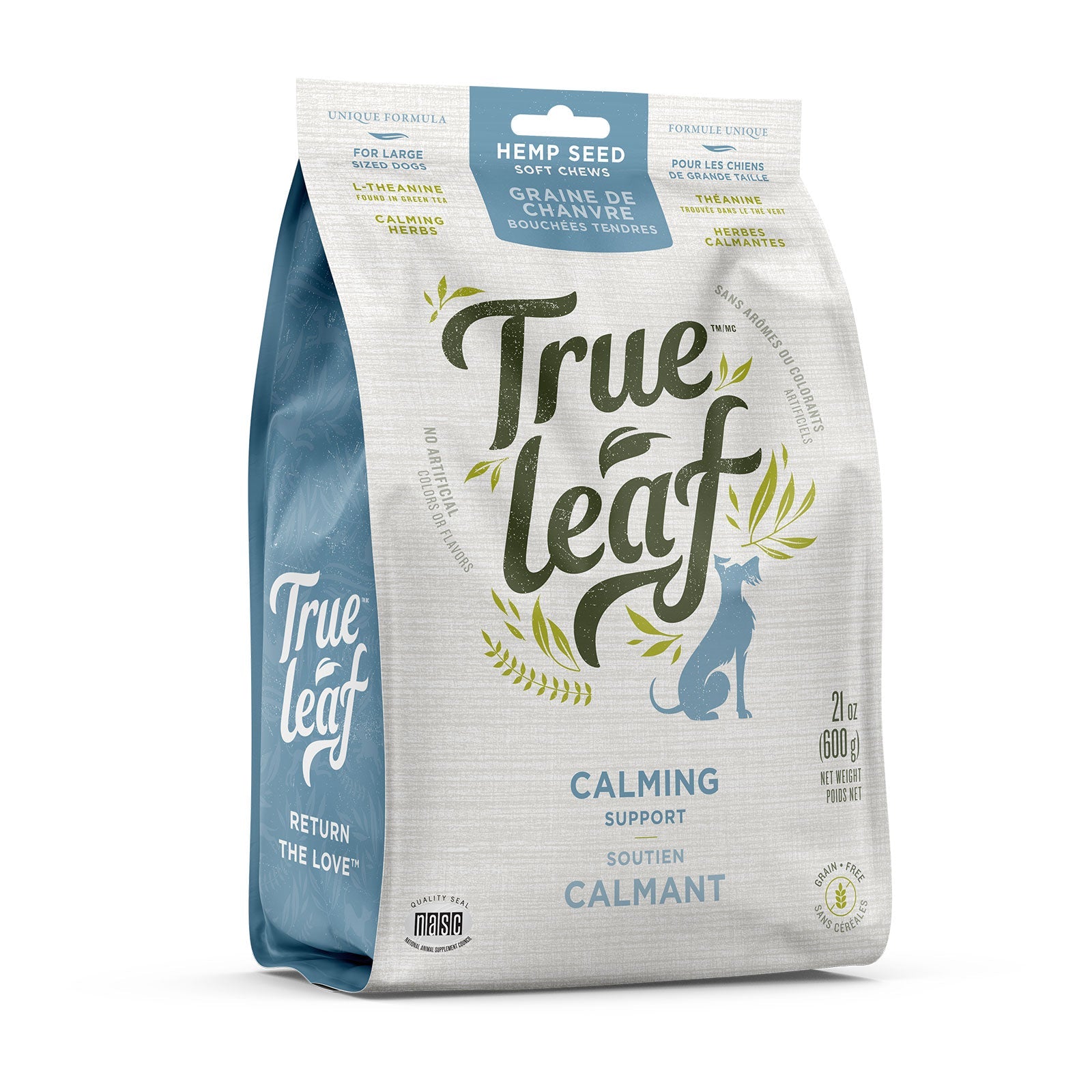 Trueleaf Calming Support chews for dogs, 600 g pouch, front of pack.