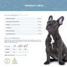 Active ingredient list and amount per 3 gram dog chew, plus dosage chart indicating daily recommended intake by dog weight