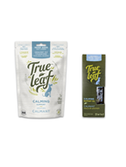 Trueleaf calming support dog chew packaging and calming oil food topper carton on a white background
