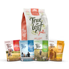 Trueleaf Move and Treat bundle: a 600 g Hip + Joint Support chews pouch behind four bags of True Love treats, Sunday Pot Roast, Northern Catch, Harvest Supper and Grilled Cheese.