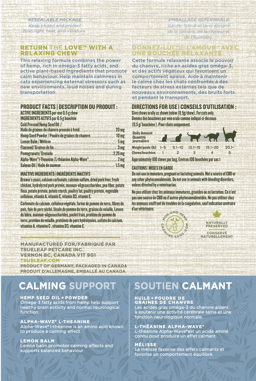 Calming Support Chews for Cats back of pack: product facts, ingredients, cautions and chews per day by cat weight