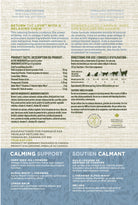 Calming Support Chews for Cats back of pack: product facts, ingredients, cautions and chews per day by cat weight