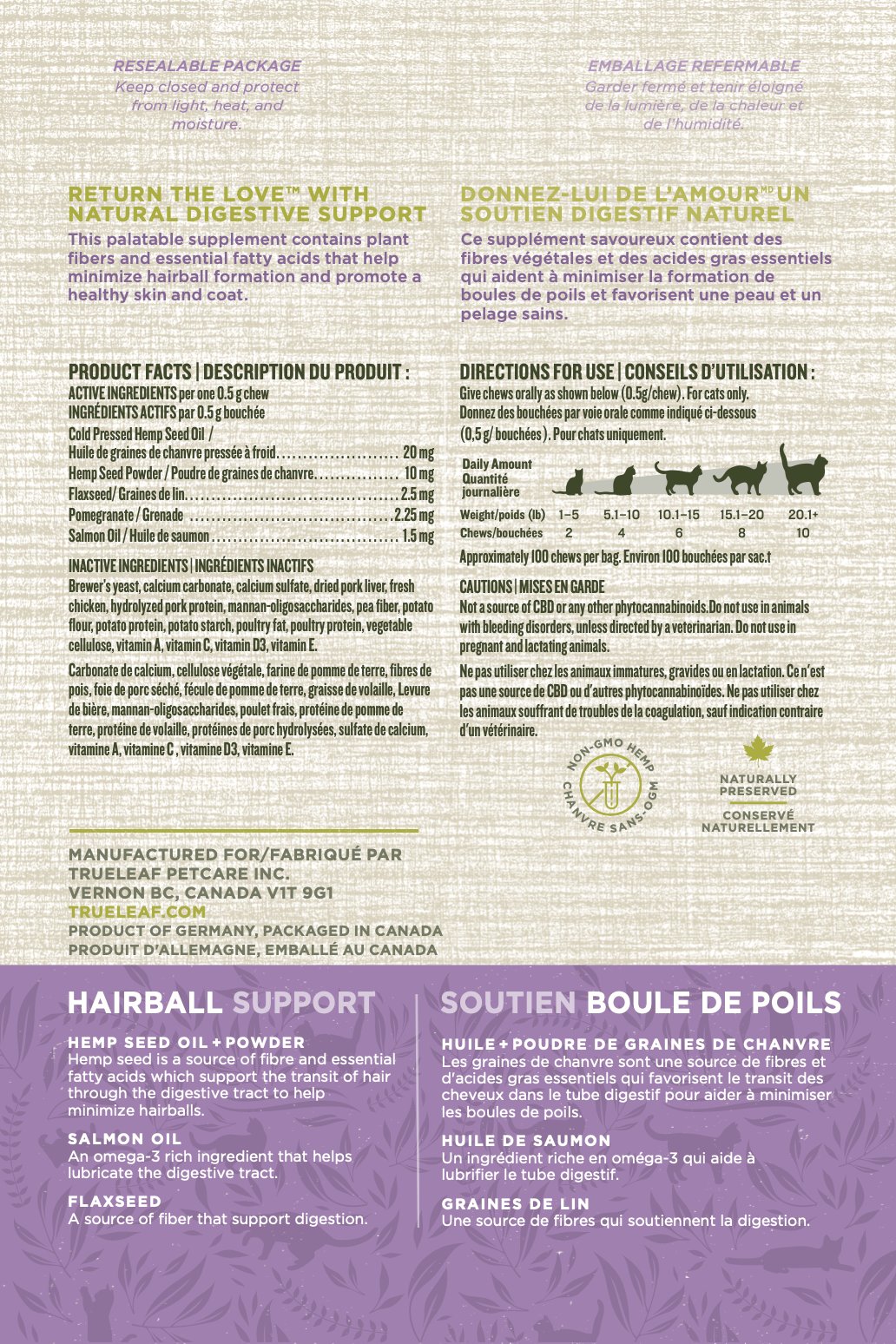 Hairball Support Chews for Cats back of pack: product facts, ingredients, cautions and chews per day by cat weight
